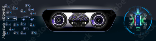 The concept car instrument panel, red backlight and a additional display settings of the car. Vector illustration.