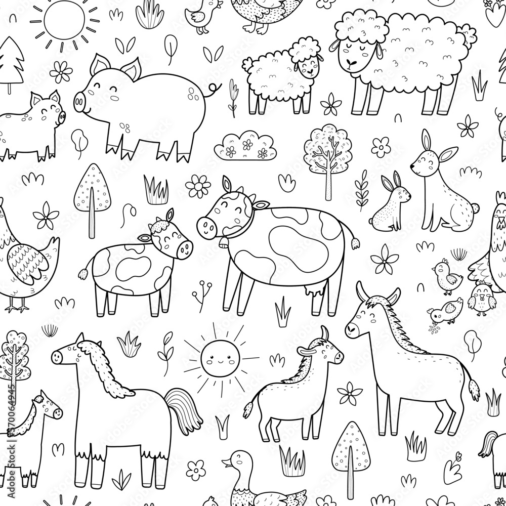 Black and white mother and baby animals seamless pattern. Farm characters moms with their babies background for coloring page. Vector illustration Black and white mother and baby animals seamless pattern. Farm characters moms with their babies background for coloring page. Vector illustration