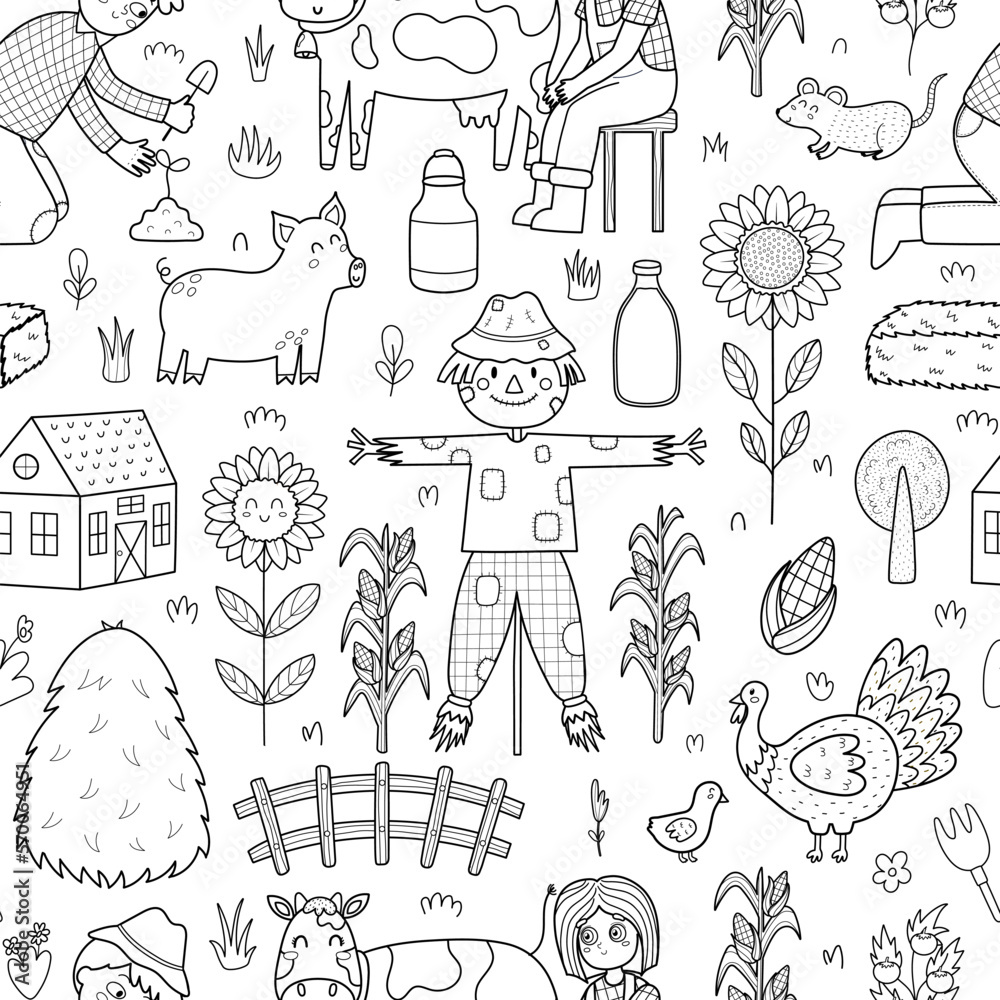 Black and white cute farm seamless pattern with scarecrow, pig, cow
