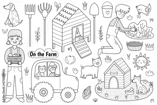 On the farm cute set with animals and kids farmers in black and white. Countryside life elements collection in cartoon style for coloring page. Boy and cat on a tractor and other. Vector illustration