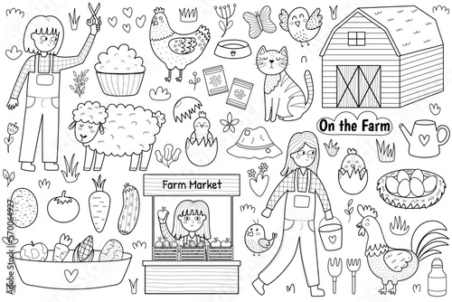 On the farm black and white set with cute animals and kids farmers. Countryside life elements in cartoon style for coloring page. Sheep shearing, farm market, hen and others. Vector illustration