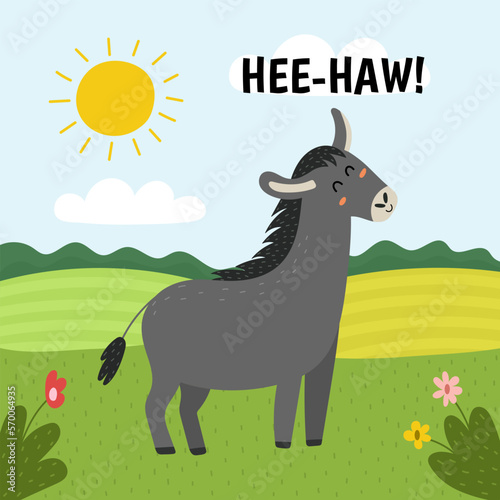 Donkey saying hee-haw print. Cute farm character on a green pasture making a sound. Funny card with animal in cartoon style for kids. Vector illustration