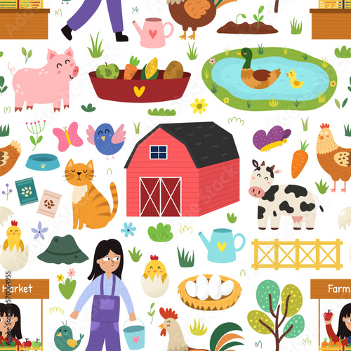 Farm seamless pattern with cute characters. Countryside background in cartoon style for fabric and textile with cow, ducks, pig, rooster and other characters. Wallpaper for kids. Vector illustration