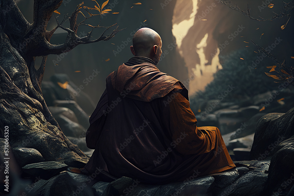 Buddhist monk meditating in nature. AI generative illustration. - obrazy, fototapety, plakaty 