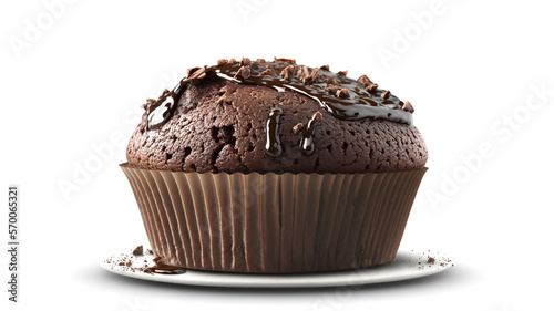 Chocolate muffin cake with melted chocolate on top isolated white background dessert food