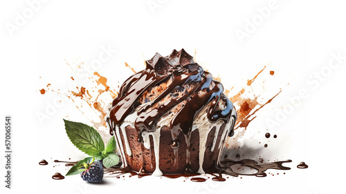 Chocolate muffin cake with melted chocolate on top isolated white background dessert food