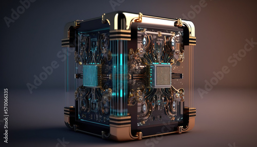 Futuristic quantum computer illustration. Abstract representation of Computing technology. Generative AI. photo