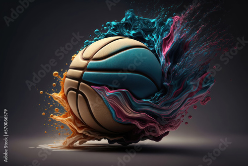 Illustration of a basketball in 3d style. Futuristic sports concept. AI generation © yuliachupina