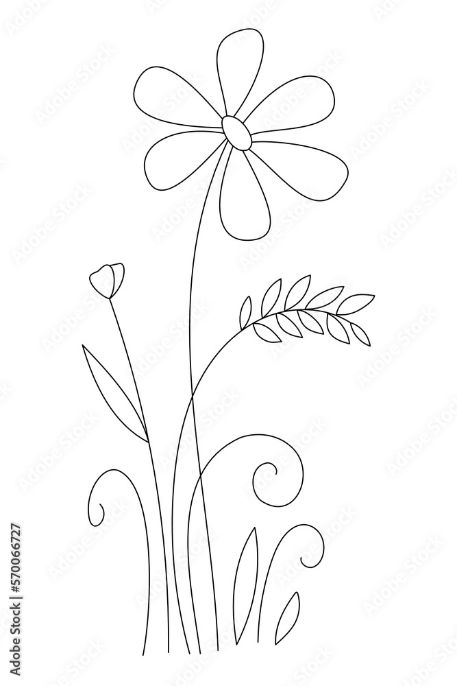 Vector linear hand drawn flower bush. Beautiful floral background for postcards, congratulations, invitations. Gentle, spring meadow