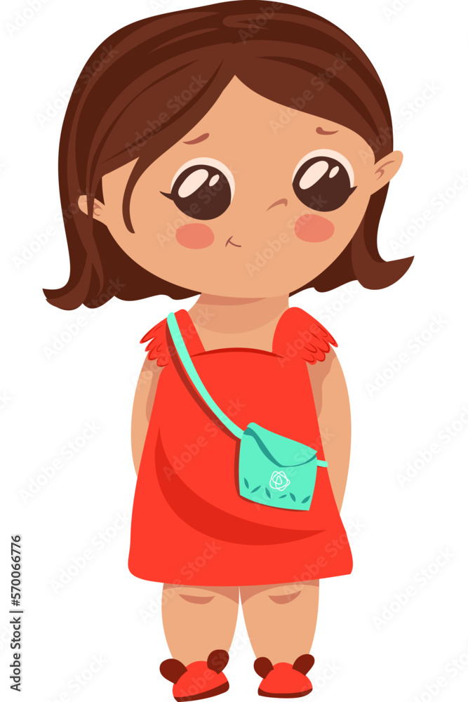 A cute vector girl with big eyes in a coral color dress and a turquoise bag, stands embarrassed. On the legs are funny shoes with ears. A cute vector girl with big eyes in a coral color dress and a turquoise bag, stands embarrassed. On the legs are funny shoes with ears.