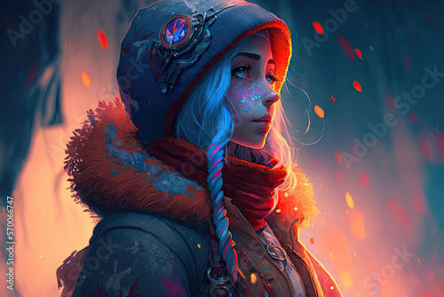 a painting of a woman wearing a hat and scarf hoodie jacket