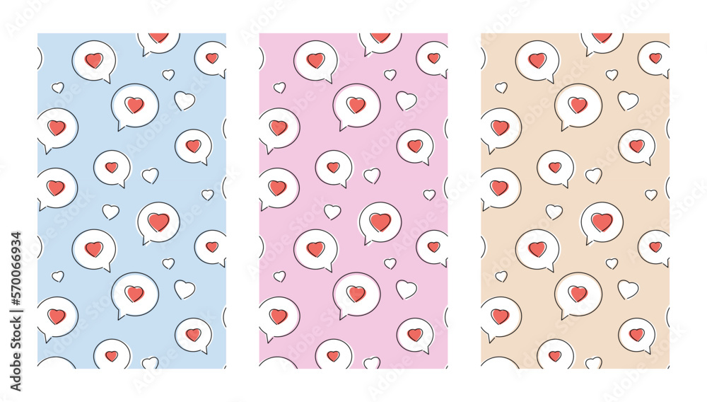 Fototapeta premium Cute Love Dating Story Set of 3. Heart Symbols in a Chat Bubbles, Digital Posters, Social media and Print