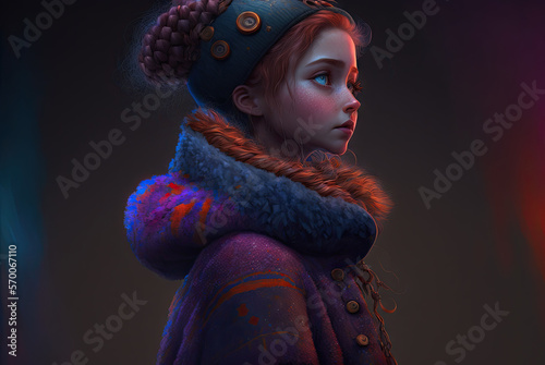 a painting of a girl wearing a hat and a fluffy coat