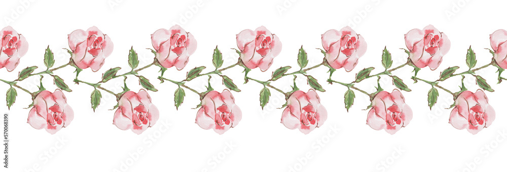 Floral seamless banner, pattern of pink rose branches on a stem with green leaves. Hand drawn watercolor illustration isolated on white background for cards, banner, fabric, print, wedding invitations