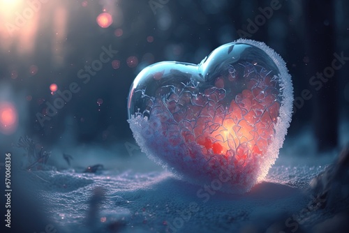 A concept of Valentine's Day celebration wallpaper. A 3d frozen heart with romantic decoration. Generative ai