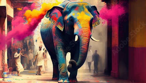 Indian Elephant watercolor style. Colorful color Gulal powder for Holi festival of colors. Hindu tradition festive.
