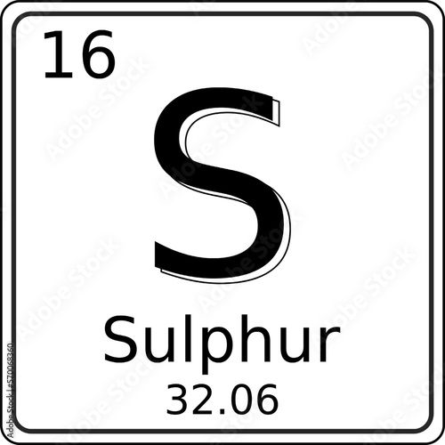 Black and white vector graphic of the symbol of the Sulphur (S) element on the periodic table of elements. It also contains the atomic number and atomic weight.