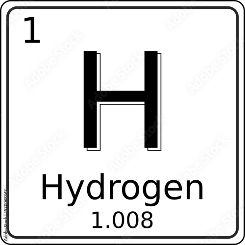 Black and white vector graphic of the symbol of the Hydrogen element on the periodic table of elements. It also contains the atomic number and atomic weight.