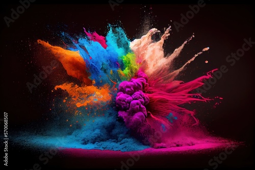 Colored powder abstract explosion. Colorful explode. Holi Gulal color powder. Organic traditional Indian paint for Holi festival of colors.