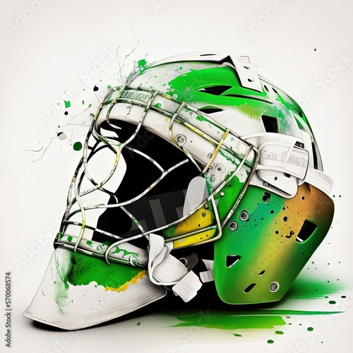 Hockey goalie helmet - white and green color. Generative AI.