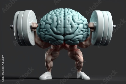Human brain lifting a heavy dumbbell. The concept of mind training. Generative AI.