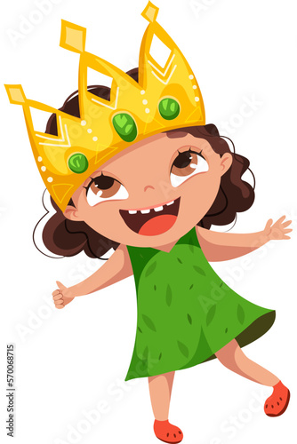 A cute charming girl with big eyes in a green dress balances, holds a large crown on her head.