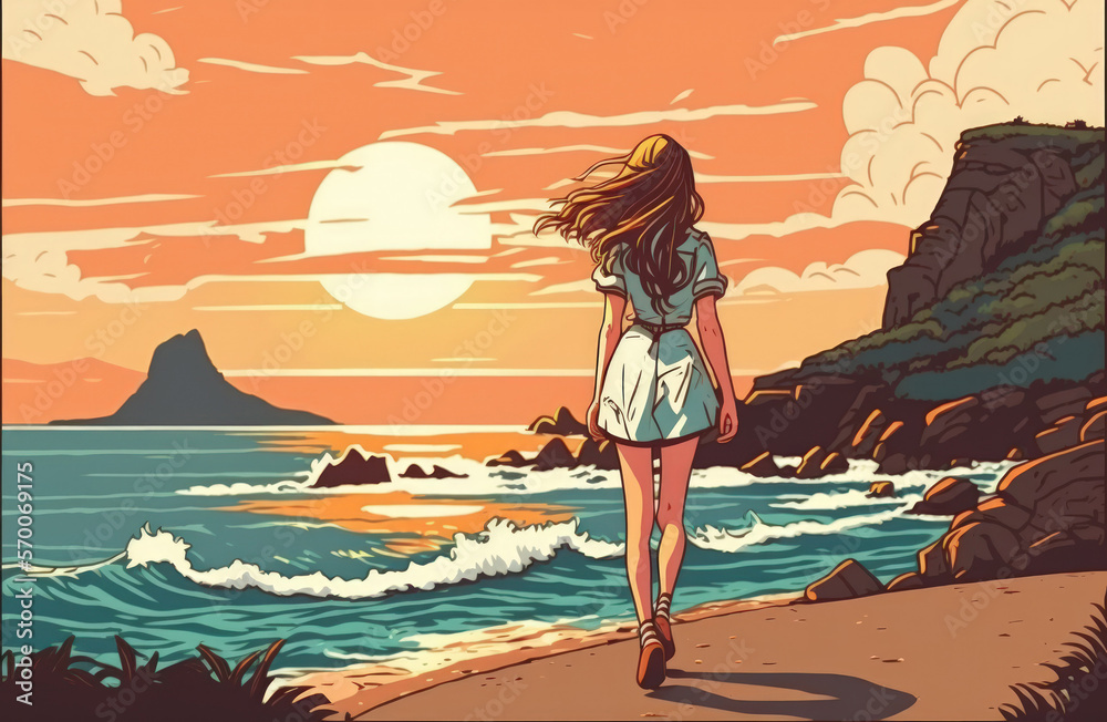On a cool day, a fashionable girl strolls along the ocean or seashore at sunset. traveling idea. Stroll along the ocean or sea. girl on the road. amazing view of the outdoors. lovely sunset on the wat