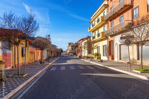 Street Road in a small country town, Sindia, Sardinia, Italy. Sunny Fall Season Day.