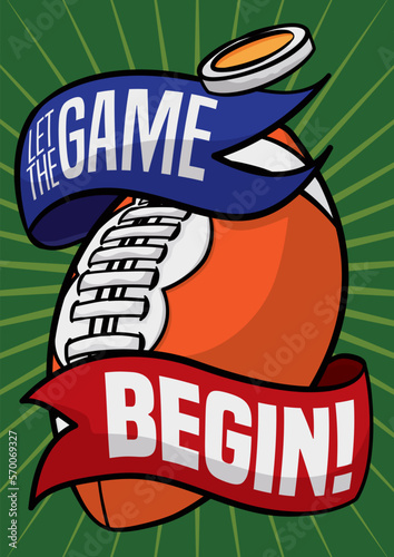 Football Ball with Ribbons and Toss Coin for Big Game, Vector Illustration