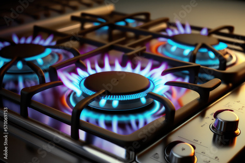 Kitchen gas cooker with burning fire propane gas (AI Generated)