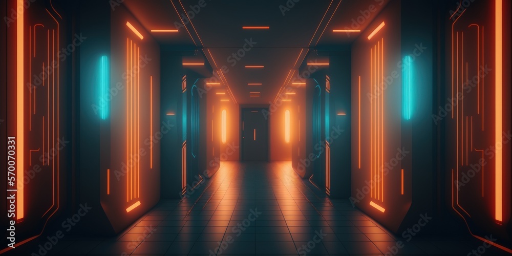 Sci fi neon lamps glowed in a dim hallway. reflections in the walls and on the ground. The background is blank in the middle. image. futuristic technology background. Generative AI