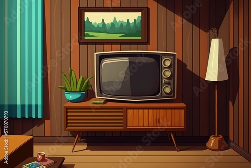 Modern living room with television cabinet and wooden wall background. Generative AI