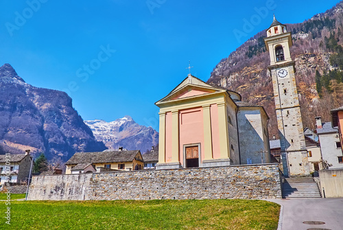 The facade of Santa Maria Lauretana Church, Sonogno, Valle Verzasca, Switzerland photo