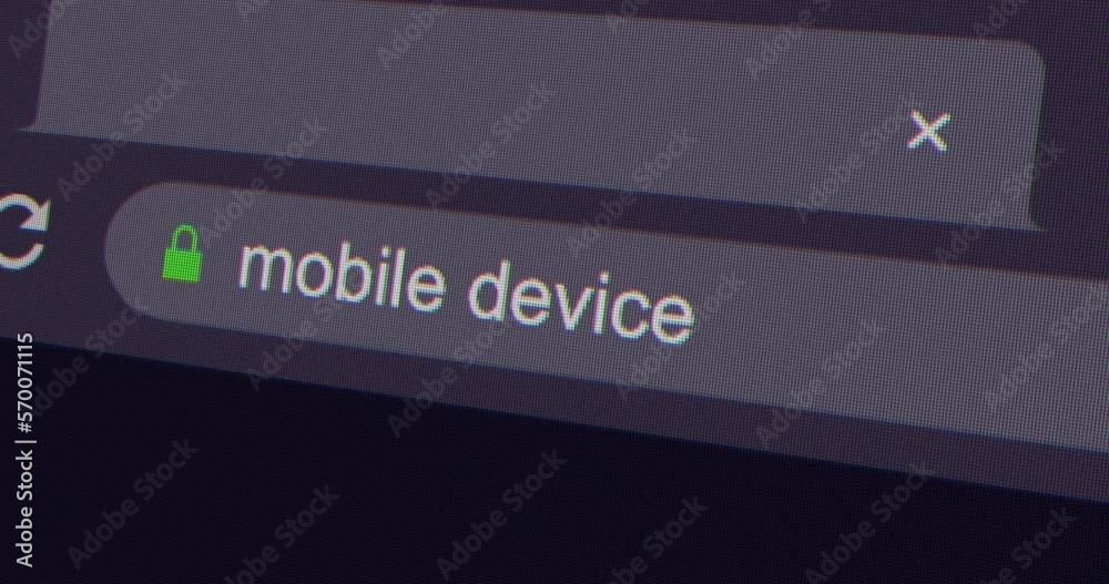 Typing mobile device into address bar search screen animation, screen view of search page 4K resolution