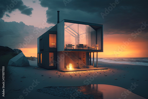 Small luxury modern beach house. Beach house. generative ai. Modern architecture. Villa by the sea © Aquir