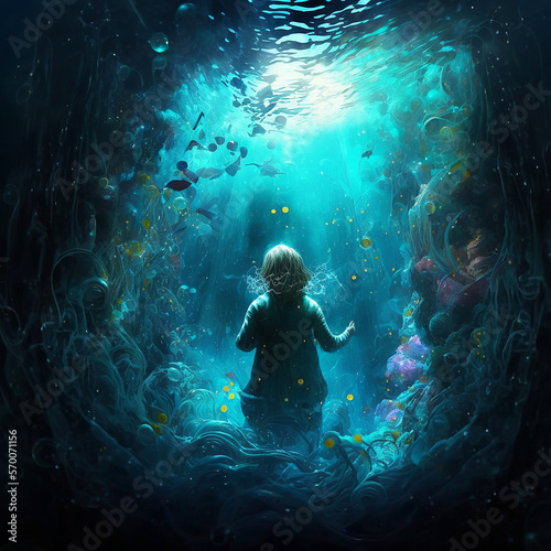 A little girl under the underwater world digital art