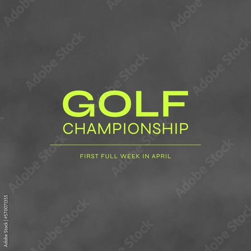 Composition of golf championship text and copy space on grey background