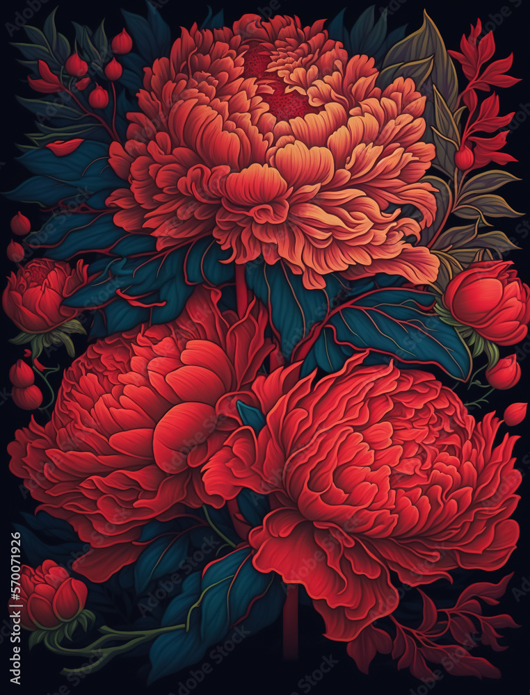 Bright red peonies, Generative Ai