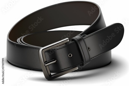 Men's trendy leather belt that is fastened and with a dark matted metal buckle is seen isolated on a white backdrop. Male black belt. belt made of black leather for jeans and pants. accessories for me