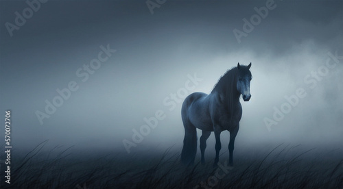 A lonely horse in the middle dark fog.Copy and text space.Banner.Created with generative ai