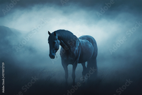 A lonely horse in the middle of the dark blue fog.Copy space.Created with generative ai