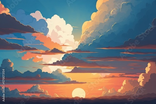 Panorama Dramadic Sunset Sky blue and orange light of the sun through the clouds in the sky. Generative AI photo