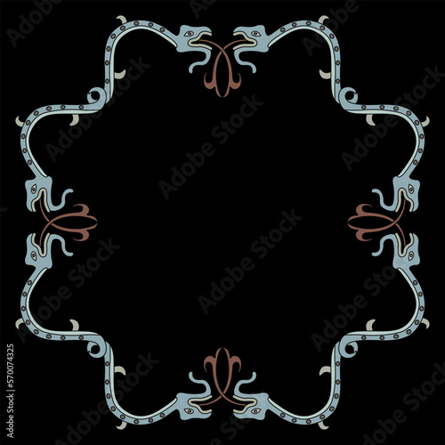 Geometrical animal frame with fantastic snakes or dragons with protruded forked tongues. Ancient Mexican design of Mixtec Indians. Pre Columbian Native American art. On black background.