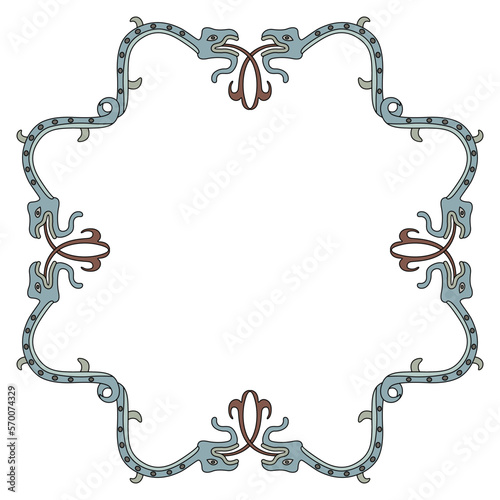 Geometrical animal frame with fantastic snakes or dragons with protruded forked tongues. Ancient Mexican design of Mixtec Indians. Pre Columbian Native American art. Isolated vector illustration. photo