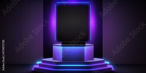 podium against a black backdrop. Blue, purple Led Neon light as an illustration. Base, cube pedestal, and stand are all empty. Background made of abstract technology for tablet and smartphone advertis