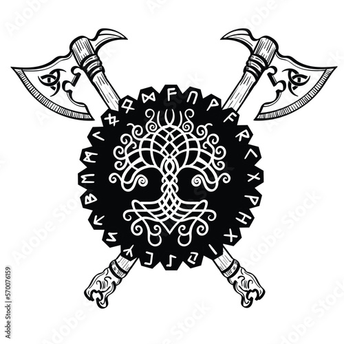 Aegishjalmur viking Tree of Life, axe  of awe runes vector
