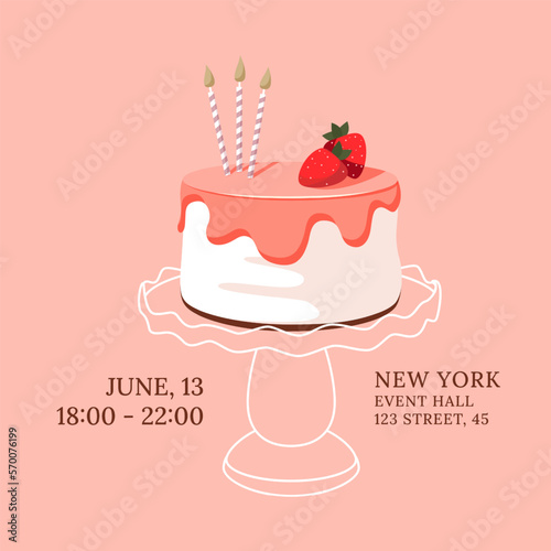 Birthday cake with strawberry and candles on empty white cake stand. Birthday invitation, RCVP on pink background. Social media graphic design.  © Ira Kozhevnikova