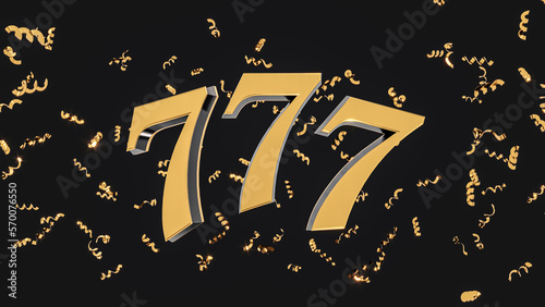 777, bingo celebration, it's raining confetti. Seven flying in the air, isolated on black background. 3d rendering.