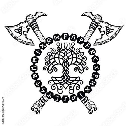 Aegishjalmur viking Tree of Life, axe  of awe runes vector