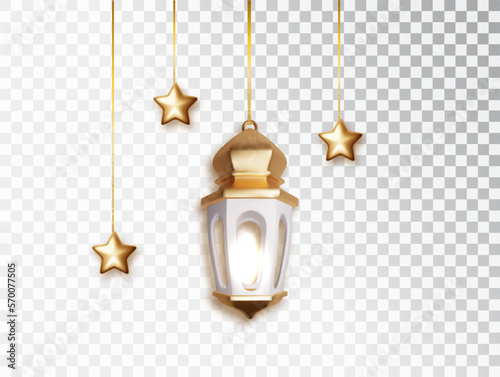 Ramadan lantern and star hanging 3d decorations. Realistic Islamic object collection isolated. Arabic shining lamp.